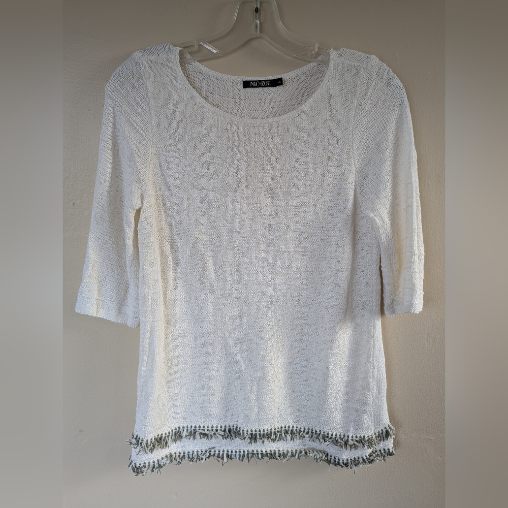 NIC+ZOE Cruise Half Sleeve Fringe Hem Cotton Sweater, White & Green (SIZE SMALL)